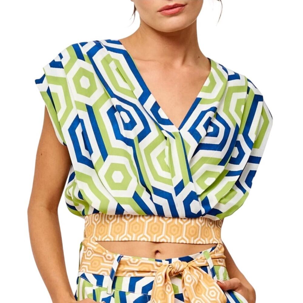 Ciebon Rayon Crop Top green blue orange white geometric pattern L NWT